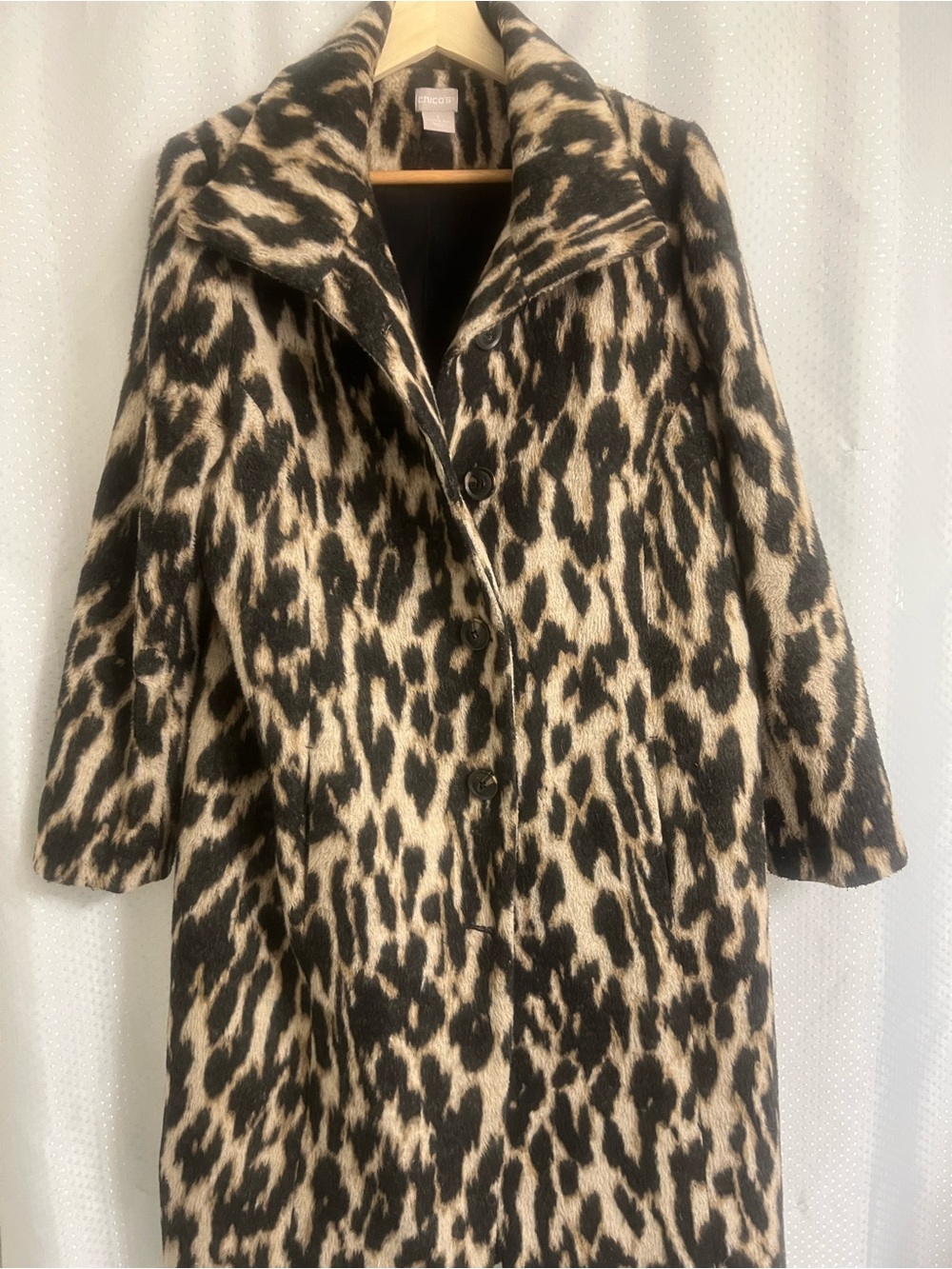 Chico's Leopard-Print Wool-Blend Pea Coat in Black & Cream